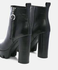 Rag & Co Boots MISTRESS High Block Heeled Chunky Leather Boot In Black