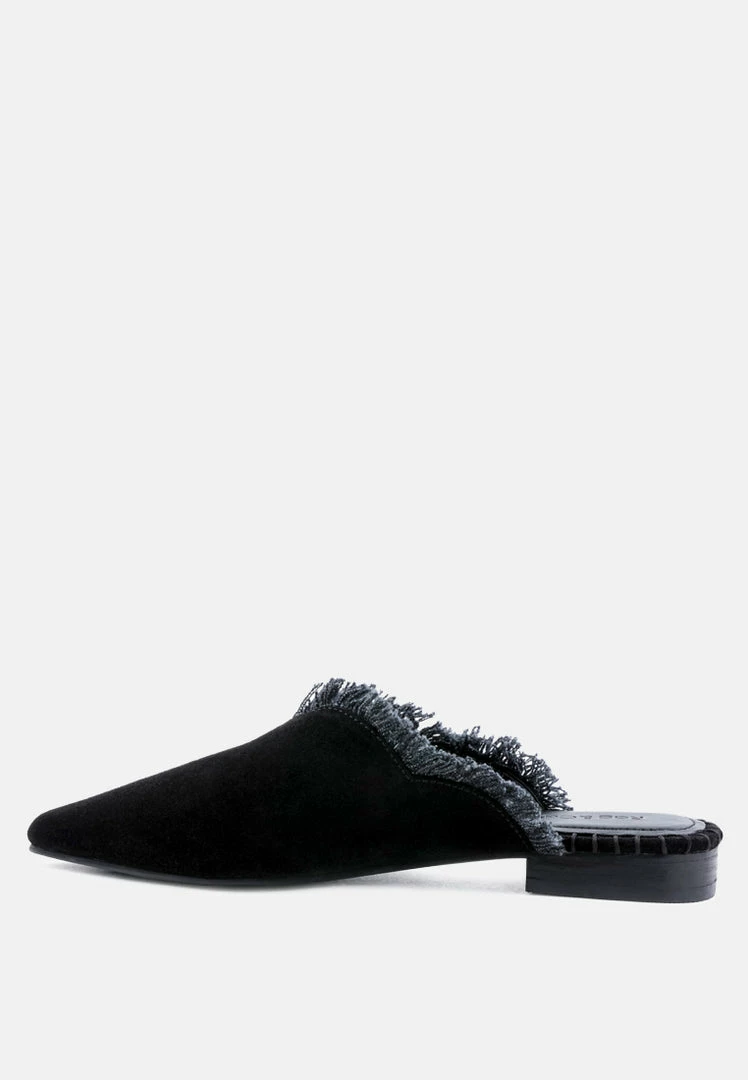 Rag & Co Flats MOLLY Black Frayed Leather Mules 6 Rag & Co Flats MOLLY Black Frayed Leather Mules