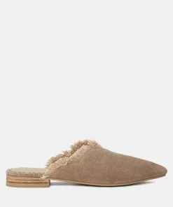 Rag & Co MOLLY Taupe Frayed Leather Mules Flats