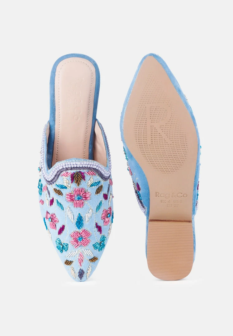 Rag & Co Marcella Embroidered Mules In Blue Flats 8 Rag & Co Marcella Embroidered Mules In Blue Flats