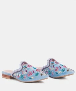 Rag & Co Marcella Embroidered Mules In Blue Flats