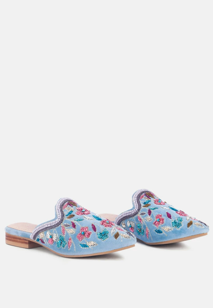 Rag & Co Marcella Embroidered Mules In Blue Flats 3 Rag & Co Marcella Embroidered Mules In Blue Flats