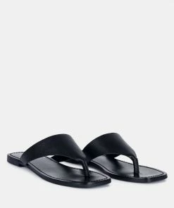 Rag & Co OROFER Black Soft Leather Luxury Thong Flats
