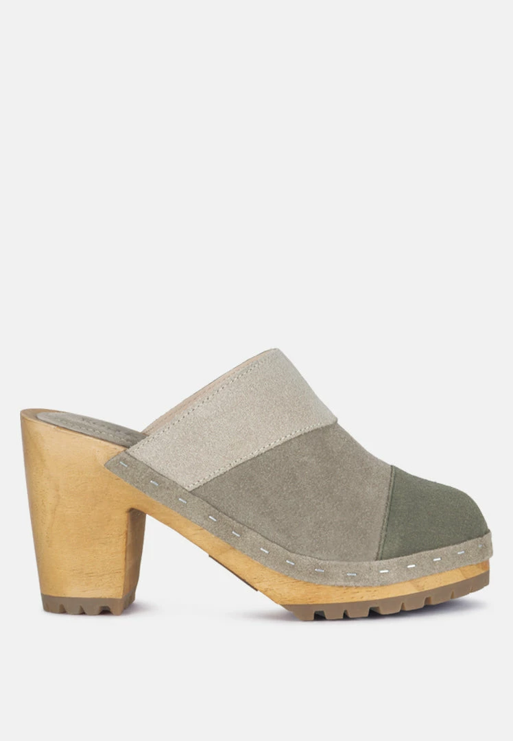 Rag & Co Ochroma Vintage Patchwork Suede Mule Clogs In Olive