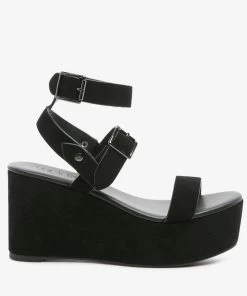 Rag & Co PORTIA Leather Wedge Sandal In Black