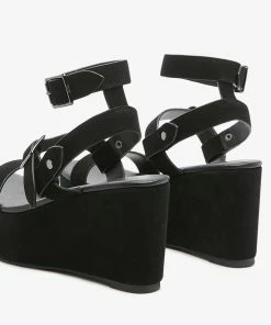 Rag & Co PORTIA Leather Wedge Sandal In Black