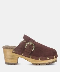 Rag & Co PRUNUS Brown Buckled Suede Round Toe Mule Clogs