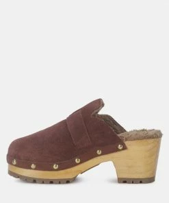 Rag & Co PRUNUS Brown Buckled Suede Round Toe Mule Clogs