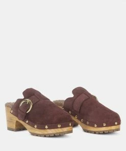 Rag & Co PRUNUS Brown Buckled Suede Round Toe Mule Clogs