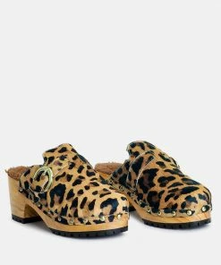 Rag & Co PRUNUS Leopard Buckled Suede Round Toe Mule Clogs