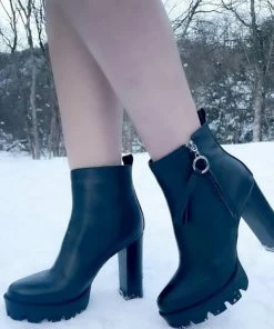 Rag & Co Boots MISTRESS High Block Heeled Chunky Leather Boot In Black