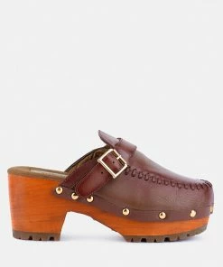 Rag & Co CHOCTAV Dark Tan Handcrafted Leather Clogs