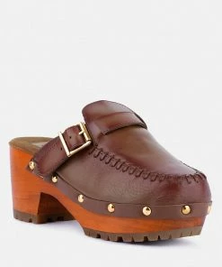 Rag & Co CHOCTAV Dark Tan Handcrafted Leather Clogs