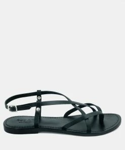 Rag & Co Flats RITA Black Strappy Flat Leather Sandals