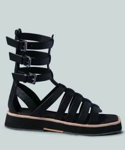 Rag & Co X ROBBIE Gladiator Square Toe Sandal In Black Flats