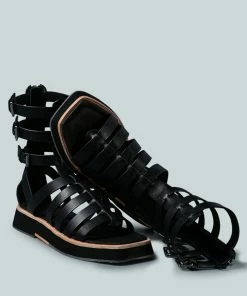 Rag & Co X ROBBIE Gladiator Square Toe Sandal In Black Flats