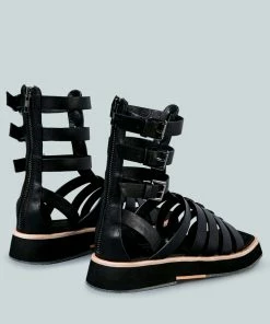 Rag & Co X ROBBIE Gladiator Square Toe Sandal In Black Flats