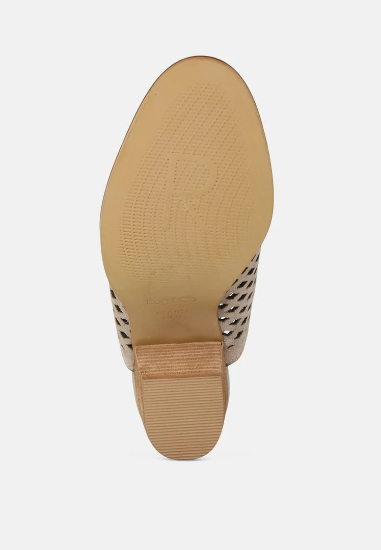 Rag & Co SIA Stacked Heel Laser-Cut Mules In Nude 8 Rag & Co SIA Stacked Heel Laser-Cut Mules In Nude