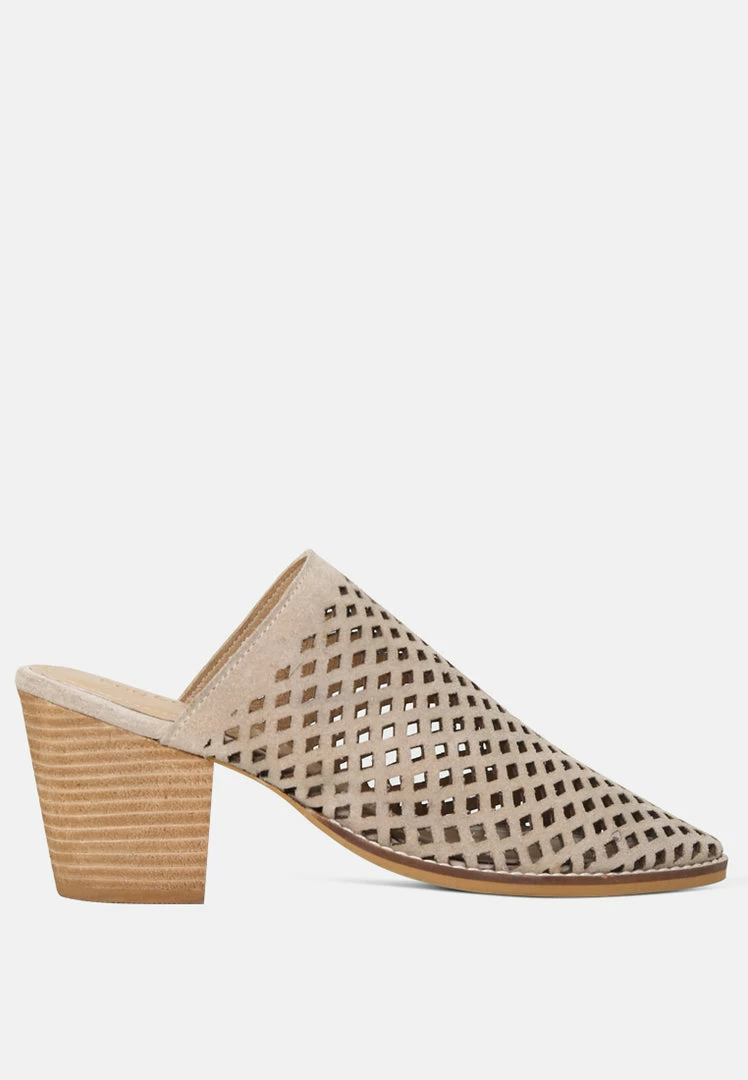 Rag & Co SIA Stacked Heel Laser-Cut Mules In Nude 4 Rag & Co SIA Stacked Heel Laser-Cut Mules In Nude