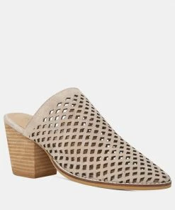 Rag & Co SIA Stacked Heel Laser-Cut Mules In Nude