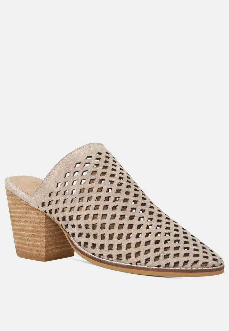 Rag & Co SIA Stacked Heel Laser-Cut Mules In Nude 3 Rag & Co SIA Stacked Heel Laser-Cut Mules In Nude