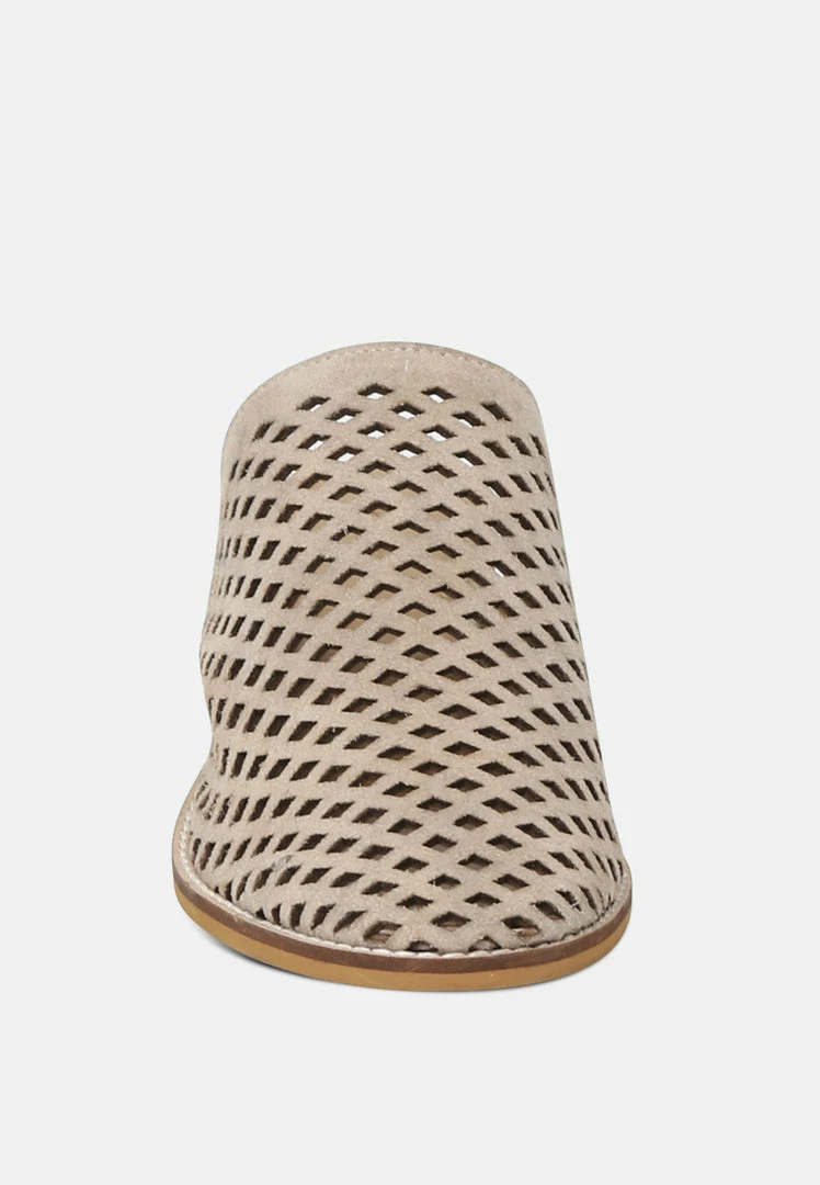 Rag & Co SIA Stacked Heel Laser-Cut Mules In Nude 5 Rag & Co SIA Stacked Heel Laser-Cut Mules In Nude