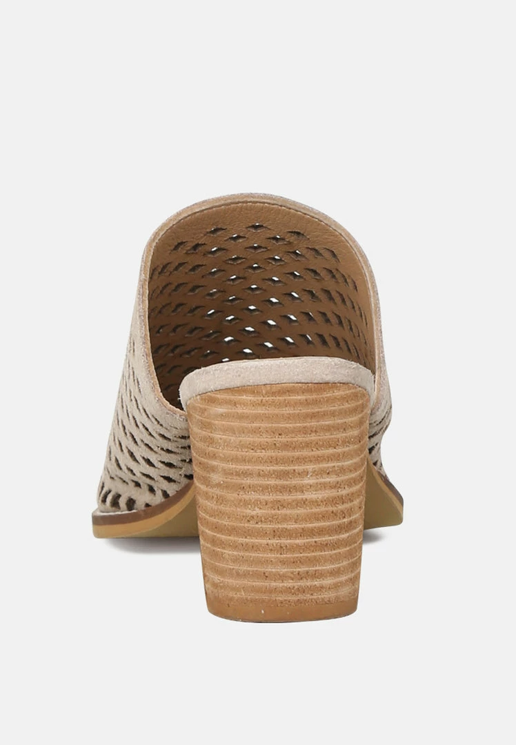 Rag & Co SIA Stacked Heel Laser-Cut Mules In Nude 7 Rag & Co SIA Stacked Heel Laser-Cut Mules In Nude