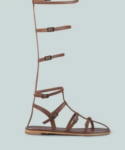 Rag & Co X Flats STREEP Strappy Knee High Gladiator Sandal In Tan