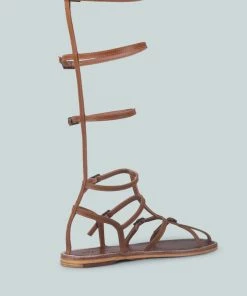 Rag & Co X Flats STREEP Strappy Knee High Gladiator Sandal In Tan