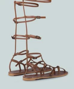Rag & Co X Flats STREEP Strappy Knee High Gladiator Sandal In Tan