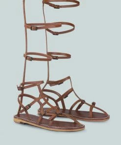 Rag & Co X Flats STREEP Strappy Knee High Gladiator Sandal In Tan