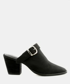 Rag & Co TARRAH Black Stacked Heel Mules With Adjustable Buckle