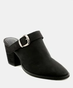 Rag & Co TARRAH Black Stacked Heel Mules With Adjustable Buckle