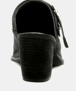 Rag & Co TARRAH Black Stacked Heel Mules With Adjustable Buckle 12 Rag & Co TARRAH Black Stacked Heel Mules With Adjustable Buckle
