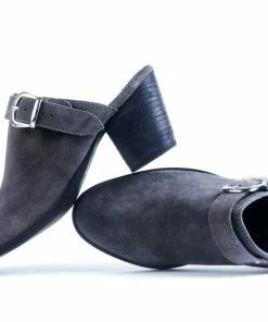 Rag & Co TARRAH Grey Stacked Heel Mules With Adjustable Buckle