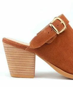 Rag & Co TARRAH Tan Stacked Heel Mules With Adjustable Buckle