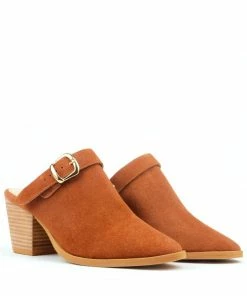 Rag & Co TARRAH Tan Stacked Heel Mules With Adjustable Buckle