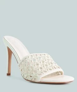 Rag & Co TEASE Off White Woven Heeled Slides Sandals