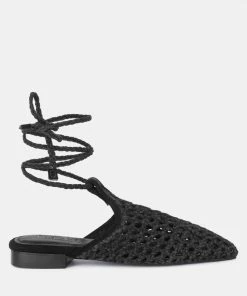 Rag & Co TUTSI Black Handwoven Honeycomb Cotton Tie Up Mule Flats