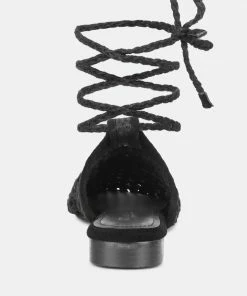 Rag & Co TUTSI Black Handwoven Honeycomb Cotton Tie Up Mule Flats 12 Rag & Co TUTSI Black Handwoven Honeycomb Cotton Tie Up Mule Flats