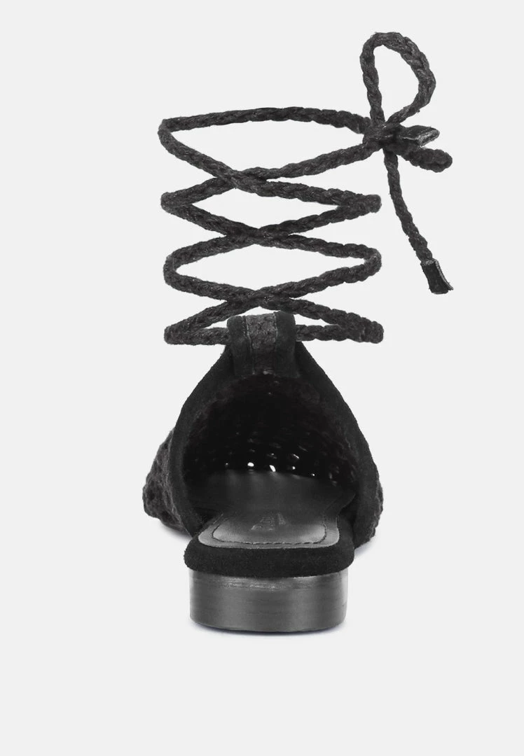 Rag & Co TUTSI Black Handwoven Honeycomb Cotton Tie Up Mule Flats 7 Rag & Co TUTSI Black Handwoven Honeycomb Cotton Tie Up Mule Flats