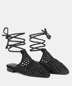 Rag & Co TUTSI Black Handwoven Honeycomb Cotton Tie Up Mule Flats