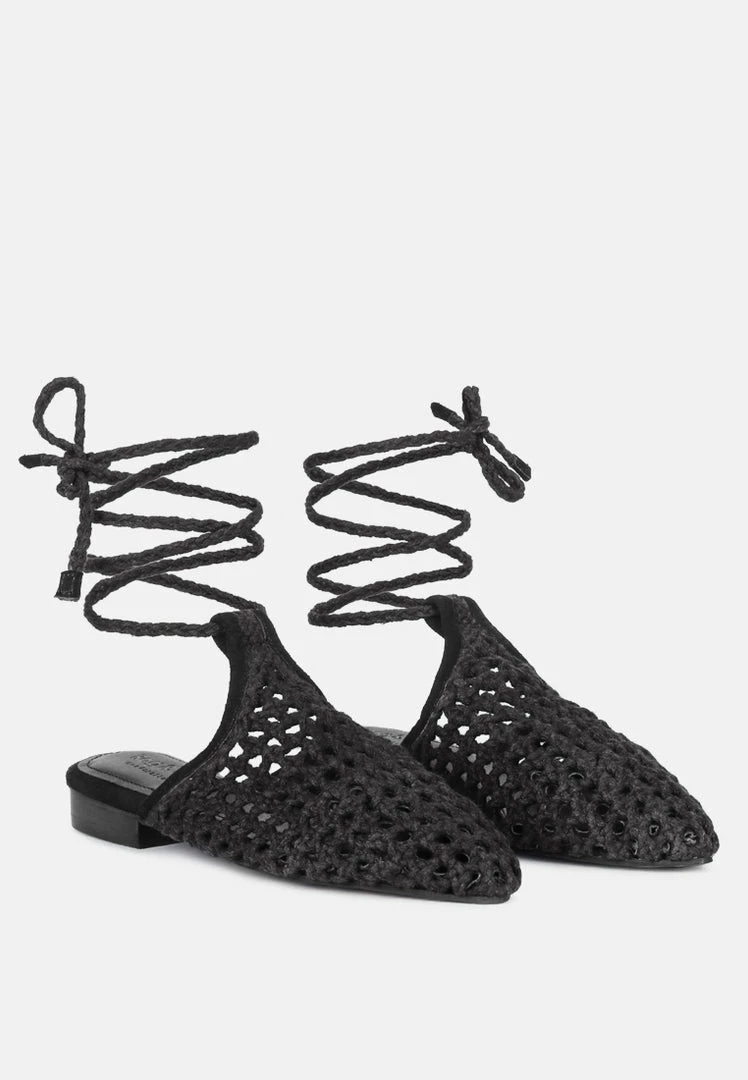 Rag & Co TUTSI Black Handwoven Honeycomb Cotton Tie Up Mule Flats 3 Rag & Co TUTSI Black Handwoven Honeycomb Cotton Tie Up Mule Flats