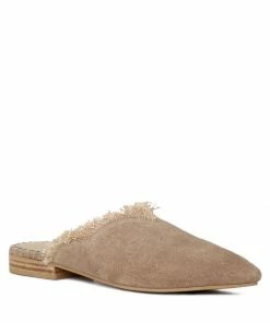 Rag & Co Official Store 6 Rag & Co MOLLY Taupe Frayed Leather Mules Flats
