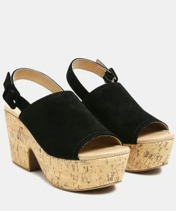 Rag & Co VENDELA Leather Slingback Platform Sandal In Black