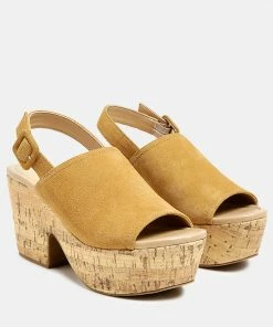 Rag & Co VENDELA Leather Slingback Platform Sandal In Tan