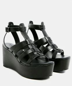 Rag & Co WINDRUSH Cage Wedge Leather Sandal In Black SS'22