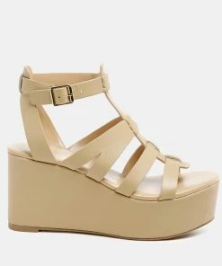 Rag & Co WINDRUSH Cage Wedge Leather Sandal In Nude