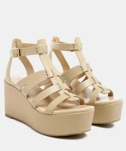 Rag & Co WINDRUSH Cage Wedge Leather Sandal In Nude