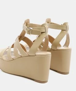 Rag & Co WINDRUSH Cage Wedge Leather Sandal In Nude